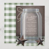 Mason Jar Rustic Stars Green Gingham Birthday Kaart (Voorkant / Achterkant)