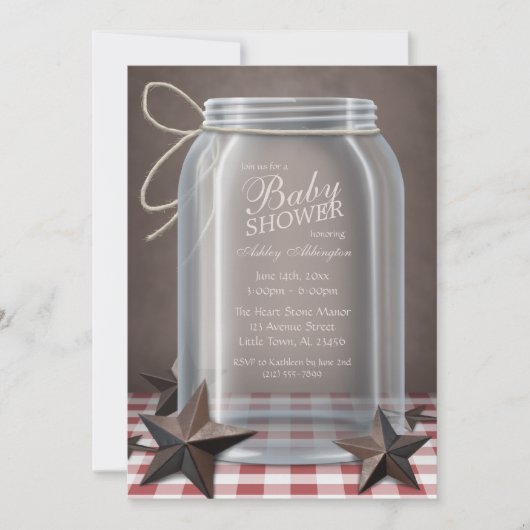 Mason Jar Rustic Stars Red Gingham Baby shower Kaart (Voorkant)