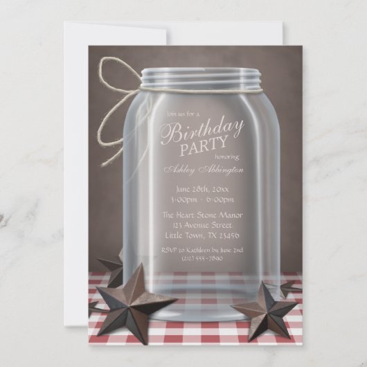 Mason Jar Rustic Stars Red Gingham Birthday Kaart (Voorkant)