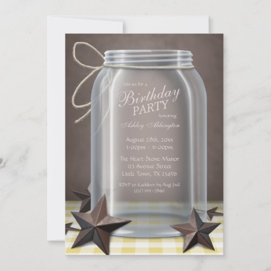 Mason Jar Rustic Stars Yellow Gingham Birthday Kaart (Voorkant)