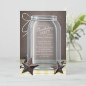 Mason Jar Rustic Stars Yellow Gingham Birthday Kaart (Staand voorkant)