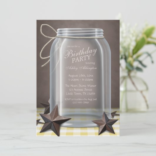 Mason Jar Rustic Stars Yellow Gingham Birthday Kaart (Staand voorkant)