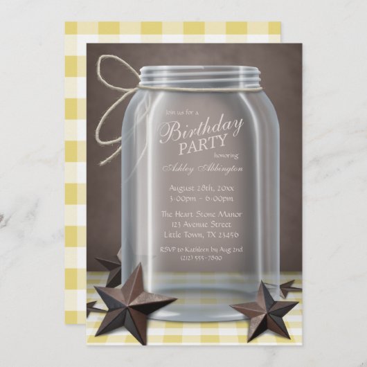 Mason Jar Rustic Stars Yellow Gingham Birthday Kaart (Voorkant / Achterkant)