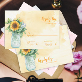 Mason Jar Rustic Sunflower Country Wedding Reply RSVP Kaartje