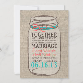 Mason Jar Rustic Wedding Invitation - Koraal Blauw Kaart