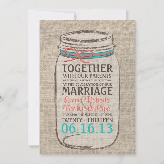 Mason Jar Rustic Wedding Invitation - Koraal Blauw Kaart (Voorkant)