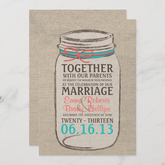 Mason Jar Rustic Wedding Invitation - Koraal Blauw Kaart (Voorkant / Achterkant)