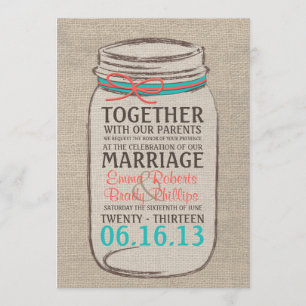 Mason Jar Rustic Wedding Invitation - Koraal Blauw Kaart