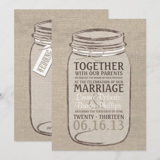 Mason Jar Rustic Wedding Invitation - White Beige Kaart (Voorkant / Achterkant)