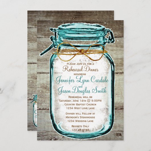 Mason Jar Rustic Wood Rehearsal Dinner Invitations Kaart (Voorkant / Achterkant)