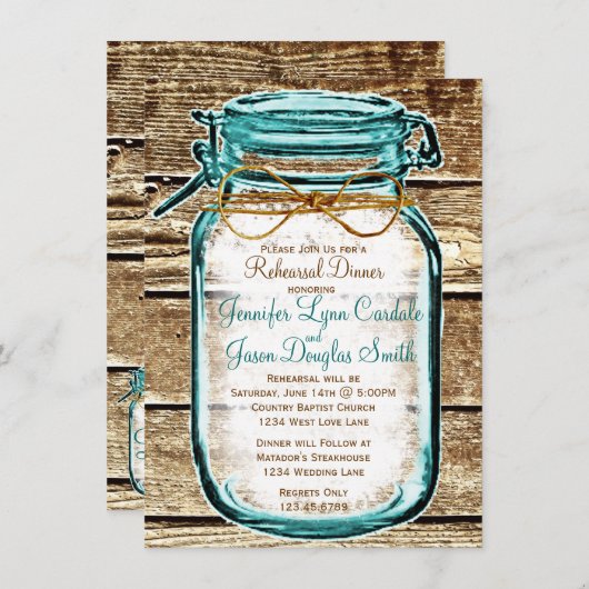 Mason Jar Rustic Wood Rehearsal Dinner Invitations Kaart (Voorkant / Achterkant)