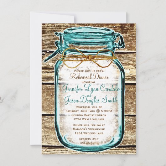 Mason Jar Rustic Wood Rehearsal Dinner Invitations Kaart (Voorkant)