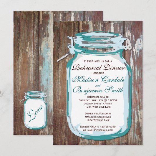 Mason Jar Rustic Wood Rehearsal Dinner Invitations Kaart (Voorkant / Achterkant)