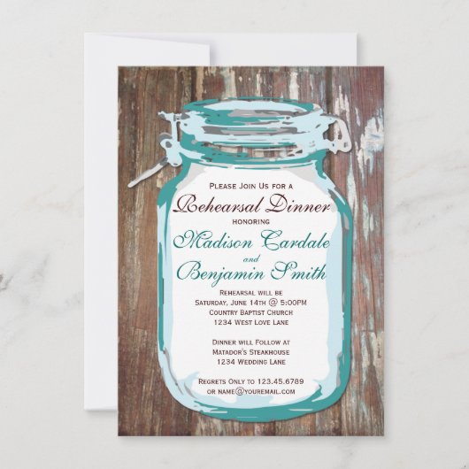 Mason Jar Rustic Wood Rehearsal Dinner Invitations Kaart (Voorkant)