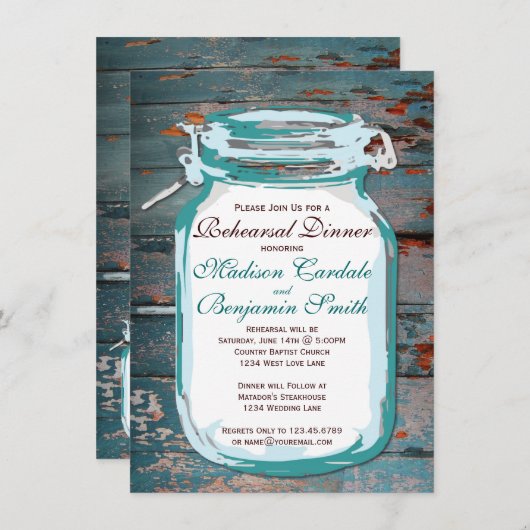 Mason Jar Rustic Wood Rehearsal Dinner Invitations Kaart (Voorkant / Achterkant)