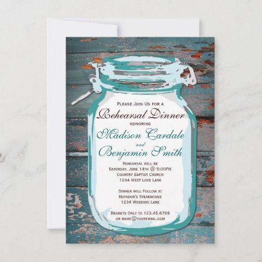 Mason Jar Rustic Wood Rehearsal Dinner Invitations Kaart (Voorkant)