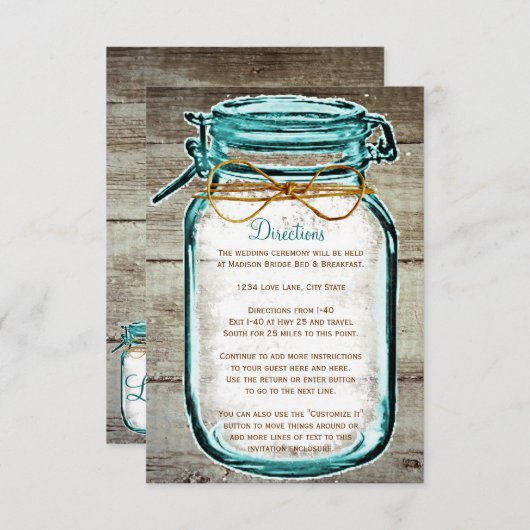 Mason Jar Rustic Wood Wedding Directions Enclosure Informatiekaartje (Voorkant / Achterkant)