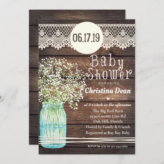 Mason Jar Rustiek Hout Baby shower Invitation Kaart (Voorkant / Achterkant)