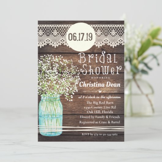 Mason Jar Rustiek Hout Bruids Douche Uitnodiging (Staand voorkant)