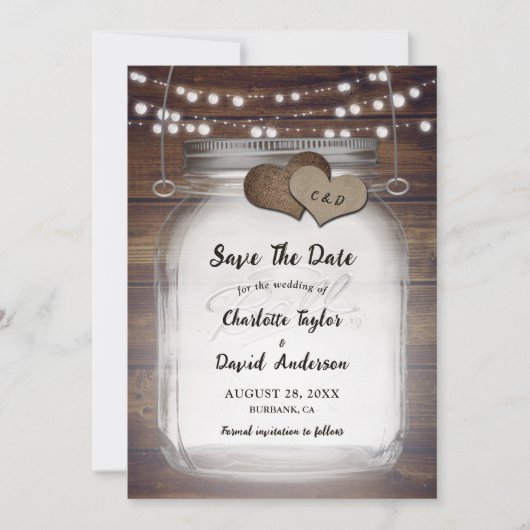 Mason Jar Rustiek Land Hout Bruiloft Save The Date (Voorkant)