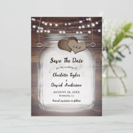 Mason Jar Rustiek Land Hout Bruiloft Save The Date (Staand voorkant)