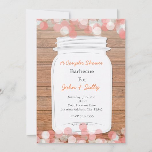 Mason Jar Rustieke Bruids Zalm Lichten Uitnodiging (Voorkant)