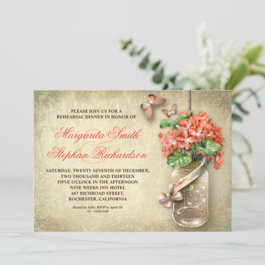 Mason Jar rustieke Burlap repetitie diner nodigt u Kaart (Staand voorkant)