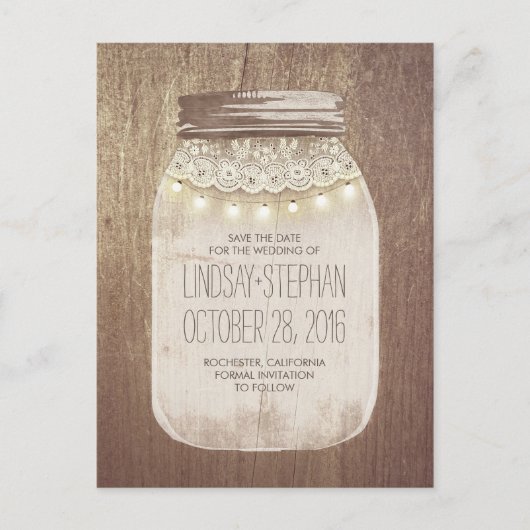 Mason Jar Rustieke Lace & Lights Save The Date Aankondigingskaart (Voorkant)