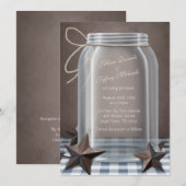Mason Jar Rustieke Sterren Blauw Gingham Bruiloft Kaart (Voorkant / Achterkant)
