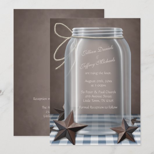 Mason Jar Rustieke Sterren Blauw Gingham Bruiloft Kaart (Voorkant / Achterkant)