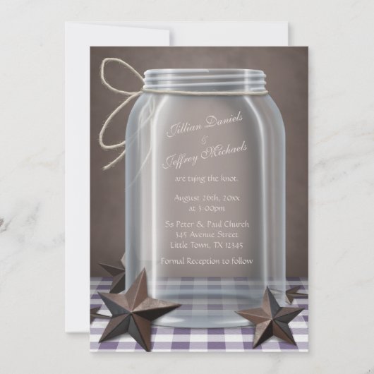 Mason Jar Rustieke Sterren Paarse Gingham Bruiloft Kaart (Voorkant)