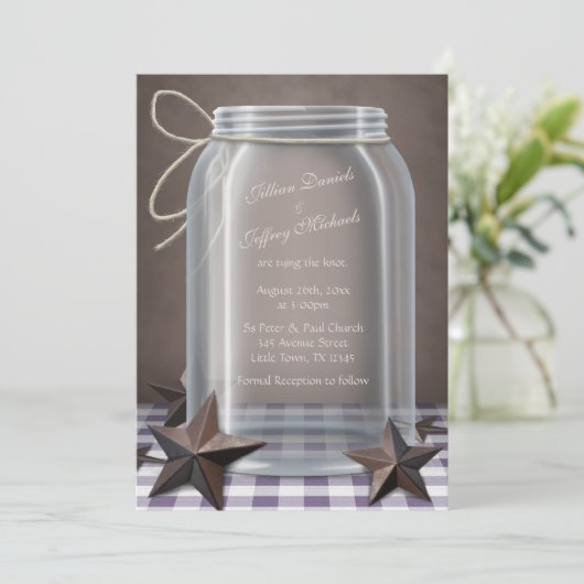 Mason Jar Rustieke Sterren Paarse Gingham Bruiloft Kaart (Staand voorkant)