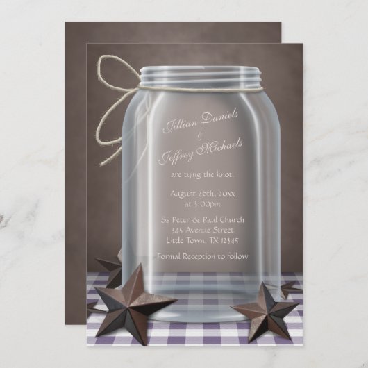 Mason Jar Rustieke Sterren Paarse Gingham Bruiloft Kaart (Voorkant / Achterkant)