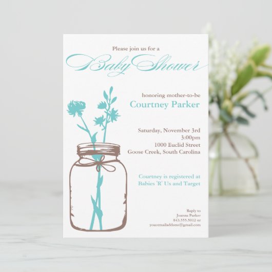 Mason Jar Shower Invitation (blauw) Kaart (Staand voorkant)