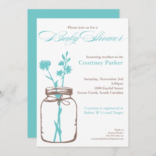 Mason Jar Shower Invitation (blauw) Kaart (Voorkant / Achterkant)