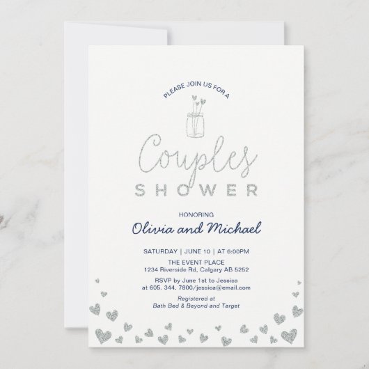 Mason Jar, Silver & Navy Couples Wedding Shower Kaart (Voorkant)