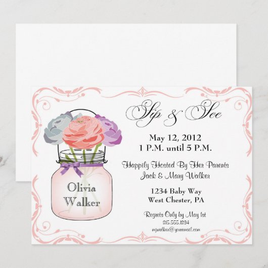 Mason Jar Sip en See Girl Invitation Kaart (Voorkant / Achterkant)