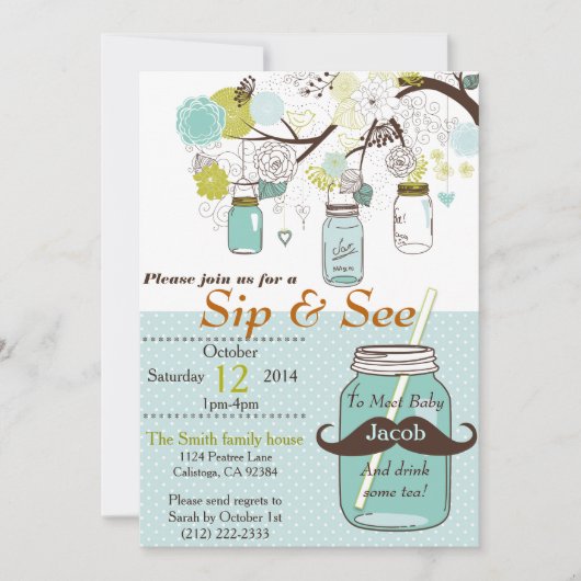 Mason Jar Sip & See Baby Invitation Kaart (Voorkant)