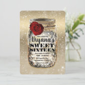 Mason Jar Sparkle Lights & Red Rose Sweet 16 Kaart (Staand voorkant)