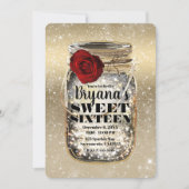 Mason Jar Sparkle Lights & Red Rose Sweet 16 Kaart (Voorkant)