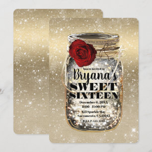 Mason Jar Sparkle Lights & Red Rose Sweet 16 Kaart