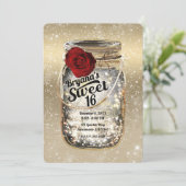 Mason Jar Sparkle Lights & Red Rose Sweet 16 Kaart (Staand voorkant)