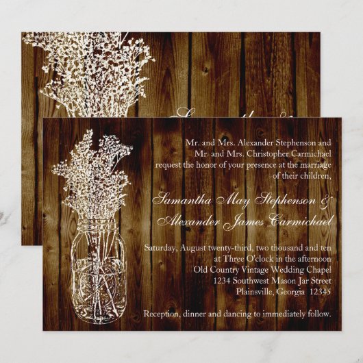Mason Jar Stamp/Dark Wood Plank bruiloft uitnodigi Kaart (Voorkant / Achterkant)