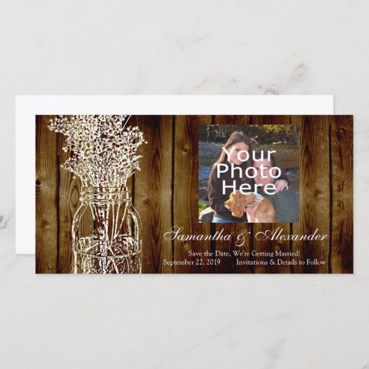 Mason Jar Stamp/Dark Wood Save the Date (Voorkant / Achterkant)