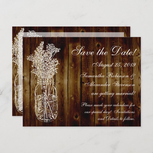 Mason Jar Stamp/Dark Wood Save the Date Aankondigingskaart (Voorkant / Achterkant)