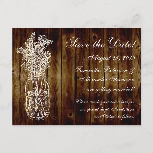 Mason Jar Stamp/Dark Wood Save the Date Aankondigingskaart (Voorkant)