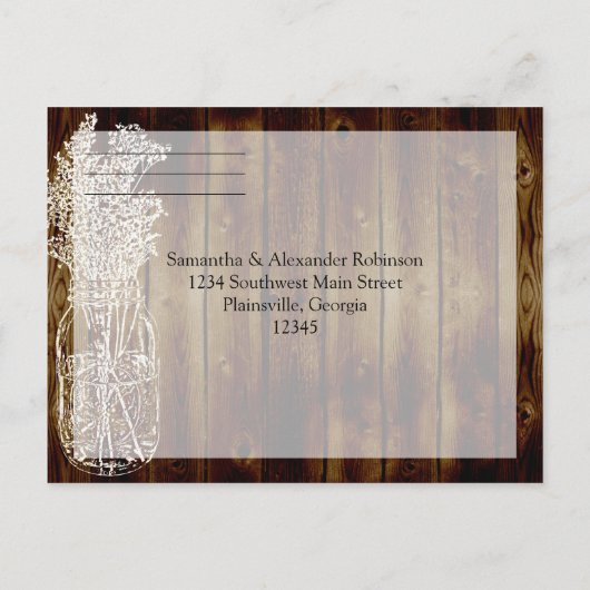 Mason Jar Stamp RSVP op Dark Wood Plank Uitnodiging Briefkaart (Achterkant)