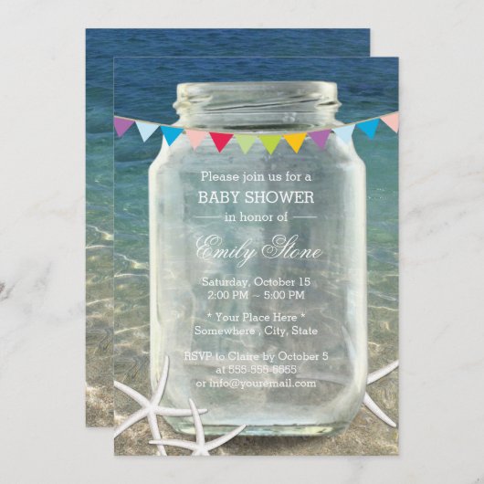 Mason Jar & Starfish Blue Zee Beach Baby shower Kaart (Voorkant / Achterkant)