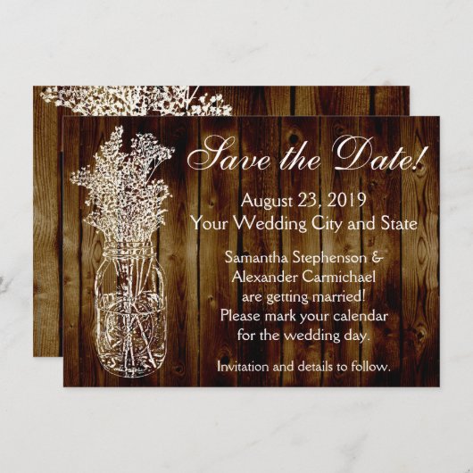 Mason Jar Stempel Donker Houtlook Save the Date (Voorkant / Achterkant)