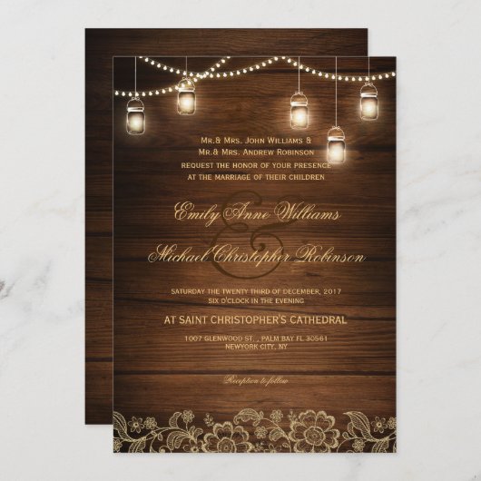 Mason jar string licht gouden kant rustieke bruilo kaart (Voorkant / Achterkant)